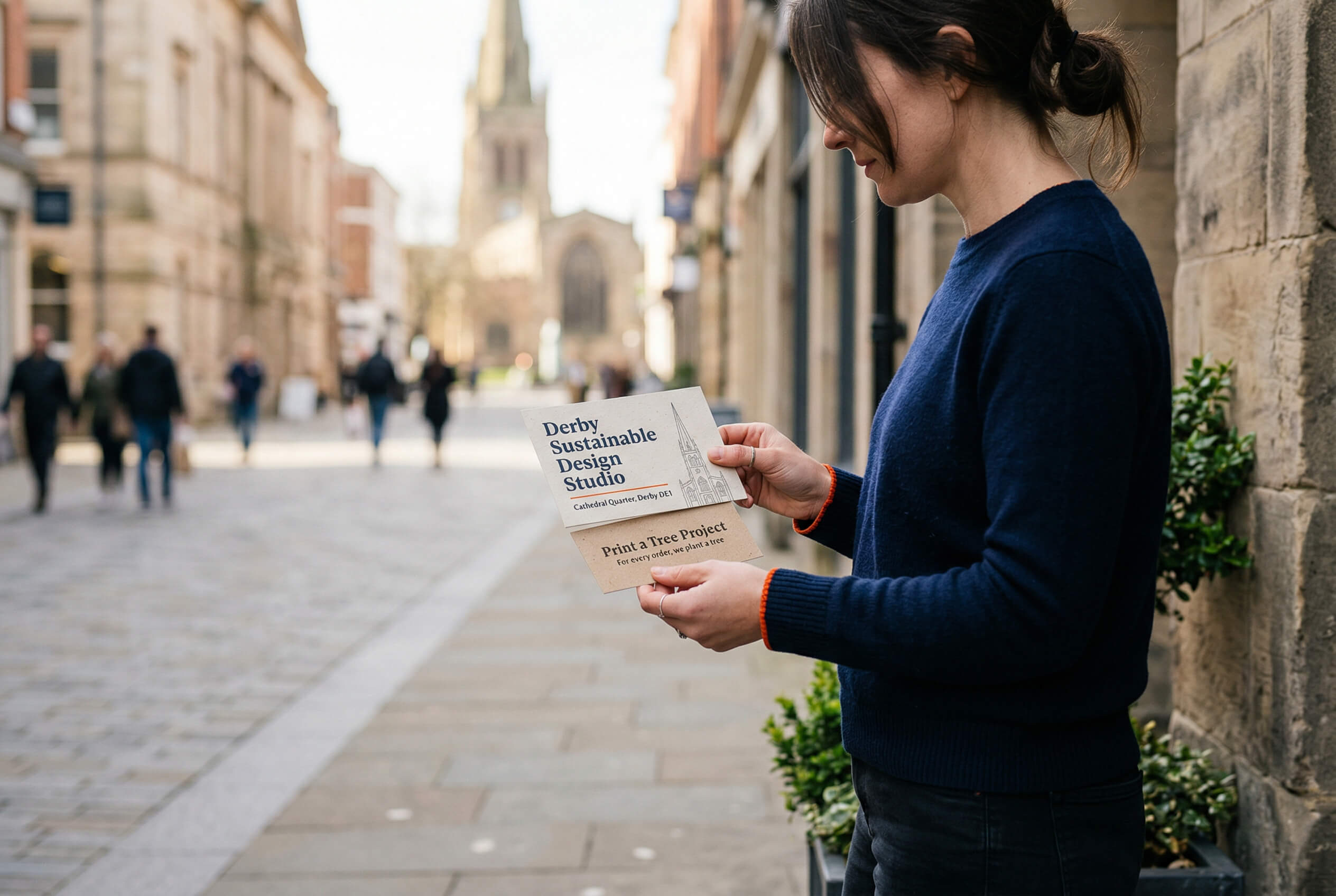 Person reviewing sustainable printed materials for a Derby business using Printlogik's Print a Tree Project