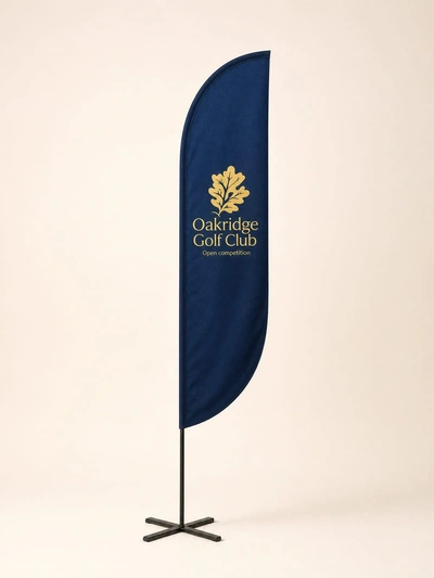 Navy crest flag for Oakridge Golf Club on a cross base against a plain studio backdrop