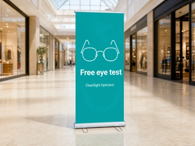 Teal double-sided roller banner for ClearSight Opticians in a shopping centre