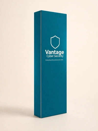 Teal SEG fabric pop-up tower for Vantage Cyber Security standing against a plain backdrop
