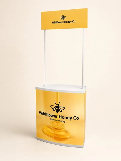 Yellow portable budget display counter for Wildflower Honey Co with header sign on a studio backdrop