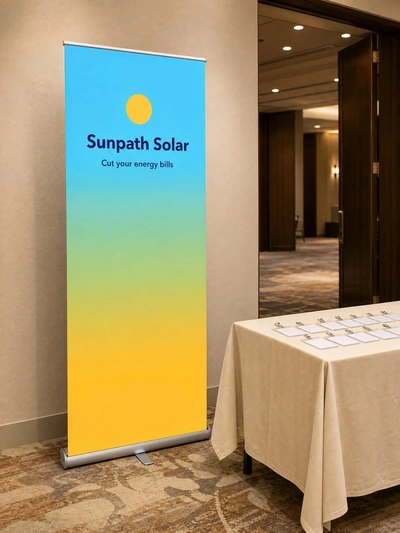 Mid-range roller banner for Sunpath Solar beside a cloth-covered table in a conference venue