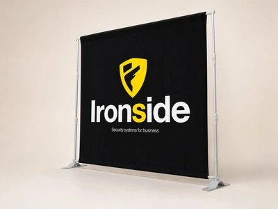 Black Torque banner stand for Ironside security systems standing against a plain backdrop
