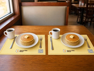 Yellow paper placemats for Sunny Side Diner under pancakes and coffee on a diner booth table