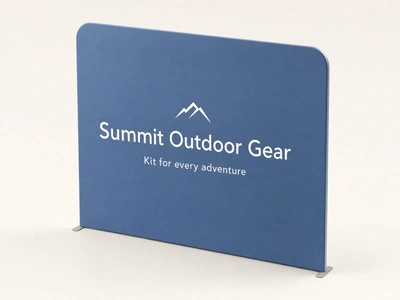 Blue stretch fabric wall for Summit Outdoor Gear standing against a plain backdrop