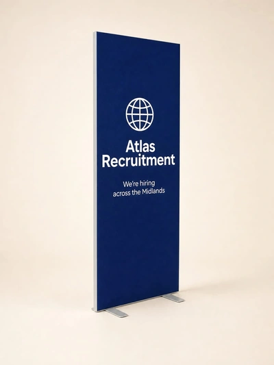 Navy SEG free-standing fabric display for Atlas Recruitment standing against a plain backdrop
