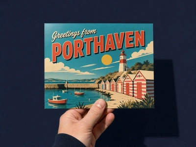 Gloss A6 postcard reading Greetings from Porthaven held in one hand