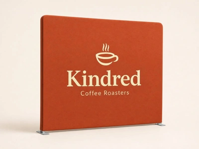 Burnt orange stretch fabric display stand for Kindred Coffee Roasters against a plain backdrop