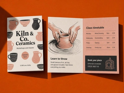 Creased leaflet for Kiln & Co. Ceramics, closed and open to a class timetable