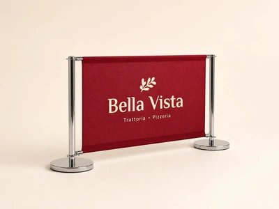 Deluxe cafe barrier with red Bella Vista trattoria banner and chrome posts on a studio backdrop