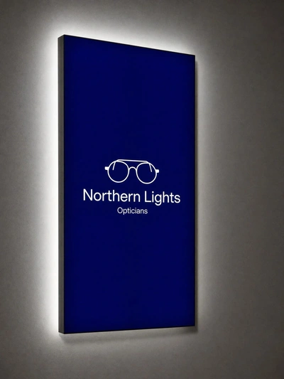 Backlit SEG wall-mounted fabric lightbox for Northern Lights Opticians glowing on a grey wall