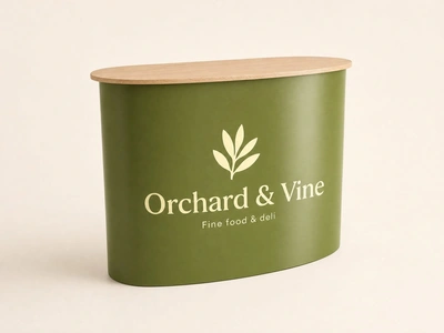 Green oval pop-up counter for Orchard & Vine fine food and deli on a plain studio backdrop