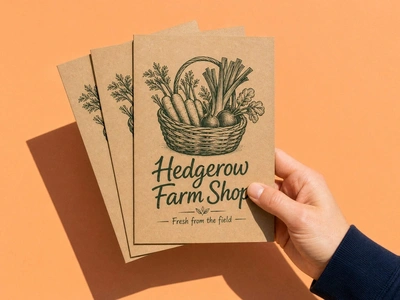 Recycled A5 flyers for Hedgerow Farm Shop fanned in one hand
