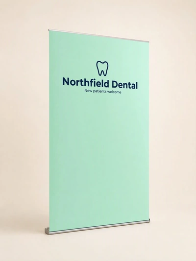 Mint green low-profile roller banner for Northfield Dental on a plain studio backdrop