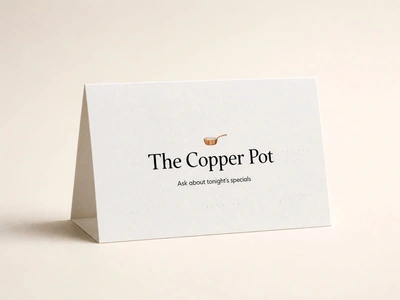 Cream tent card for The Copper Pot restaurant standing against a plain backdrop
