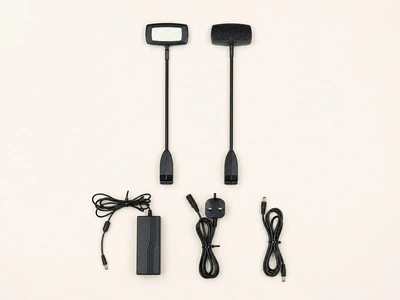 Exhibition accessories: two LED arm lights with power supplies and cables