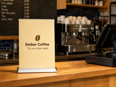 Desktop roller banner for Ember Coffee on a cafe counter beside an espresso machine