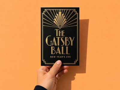 A5 flyer with gold foil for The Gatsby Ball held in one hand