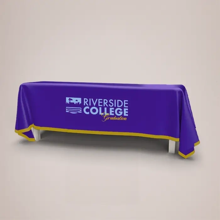 A printed tablecloth on a table