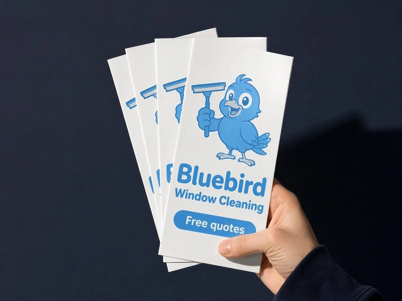 DL gloss flyers for Bluebird Window Cleaning fanned in one hand