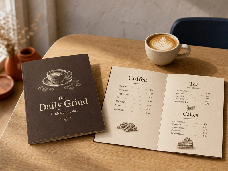 Laminated cafe menu for The Daily Grind, closed and open on a table