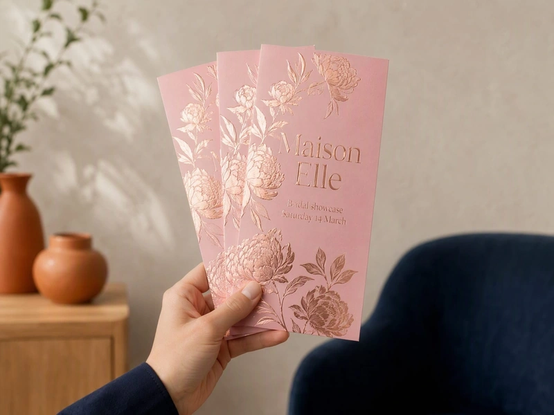 DL flyers with rose gold foil for Maison Elle fanned in one hand