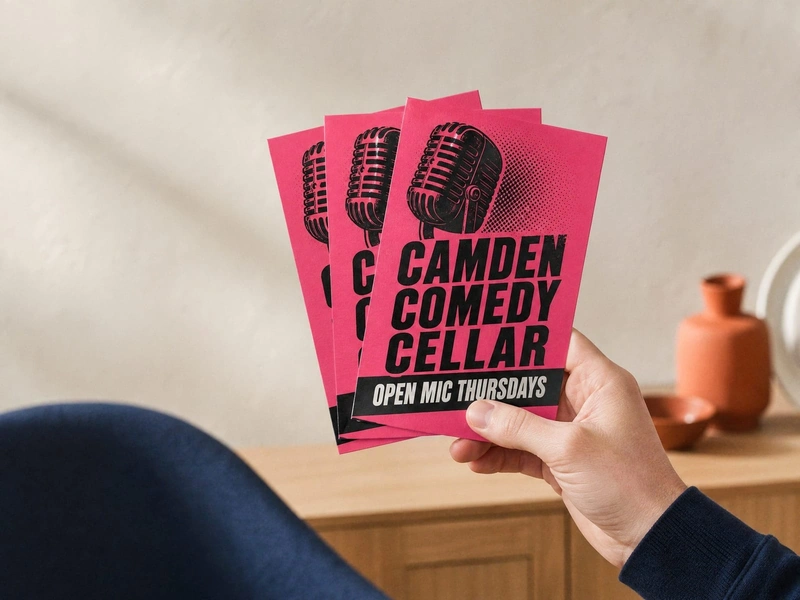 A6 flyers for Camden Comedy Cellar fanned in one hand
