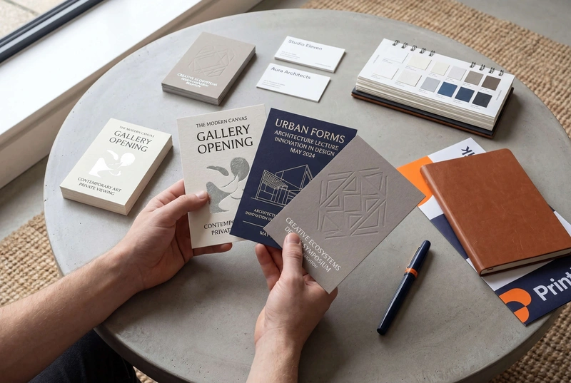 Hands holding freshly printed cards and flyers