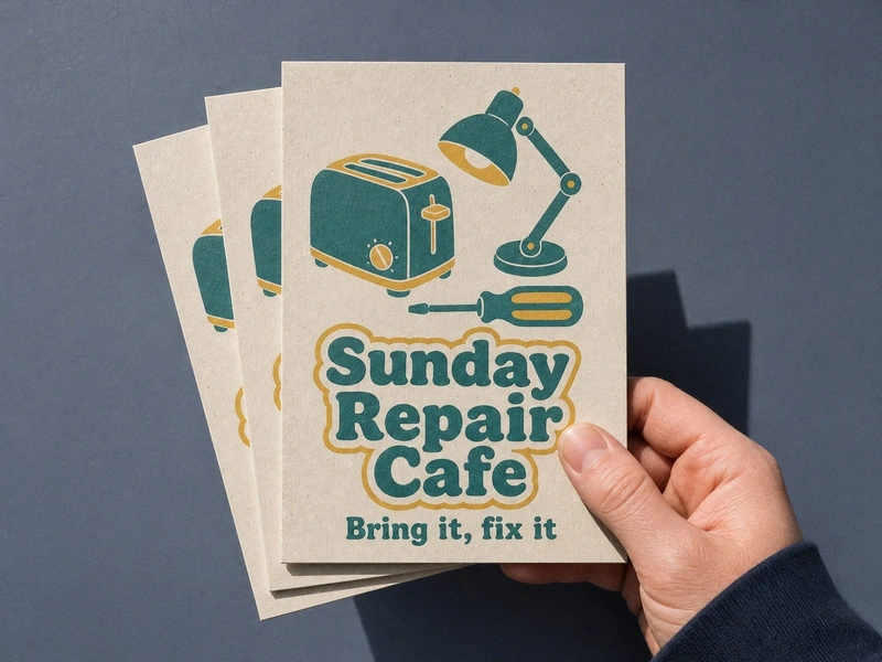 Recycled A6 flyers for Sunday Repair Cafe fanned in one hand