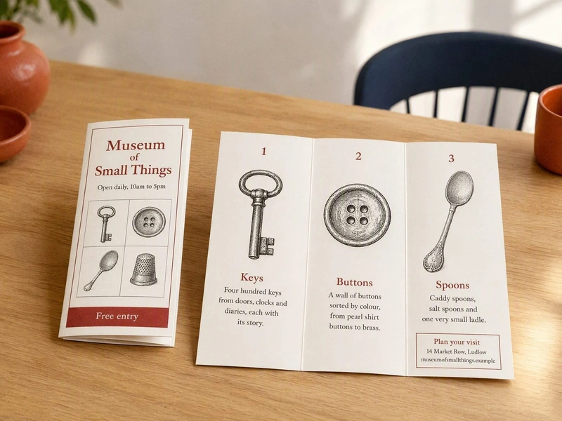 Z fold leaflet for Museum of Small Things, closed and opened to three panels